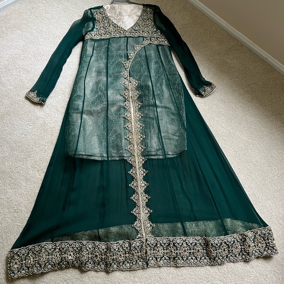 Pakistani shalwar kameez gown dress green wedding formal womens size medium 6 - Picture 3 of 14